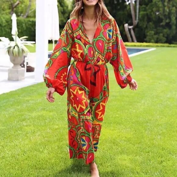 RHODE Pants - Rhode Resort Blake Printed Jumpsuit Dress Wide Leg Playsuit Red Cotton S